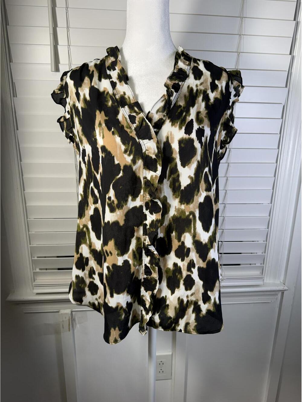 DKNY Olive Green Leopard Print Sleeveless V-Neck Ruffle Blouse Size M